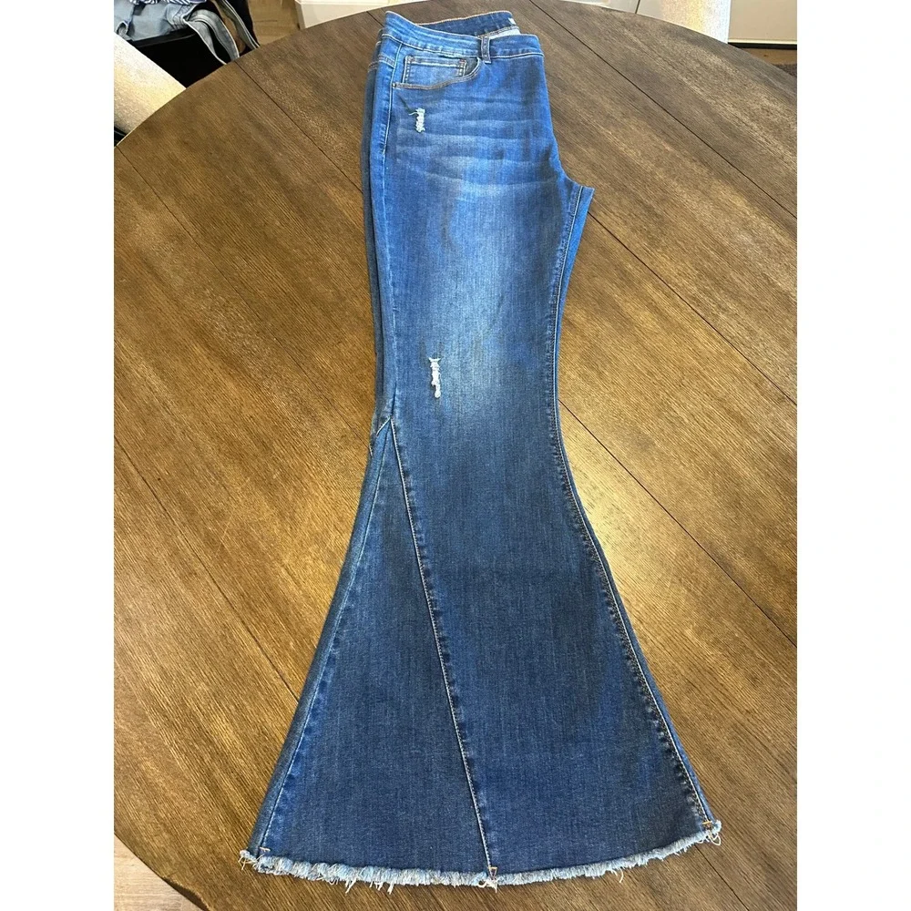 Home Folk Women's Denim Flare‎ Jeans Distressed Frayed Hem Size 18